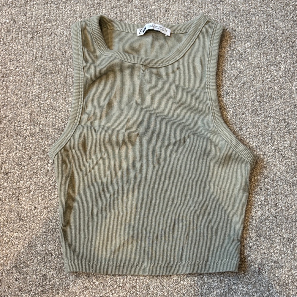 Zara Sage Green Ribbed Tank Top